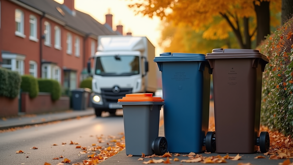 New wheelie bins and a food waste caddy on an autumn street in the UK
