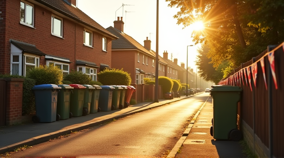 Residential street with bins on a sunny bank holiday weekend