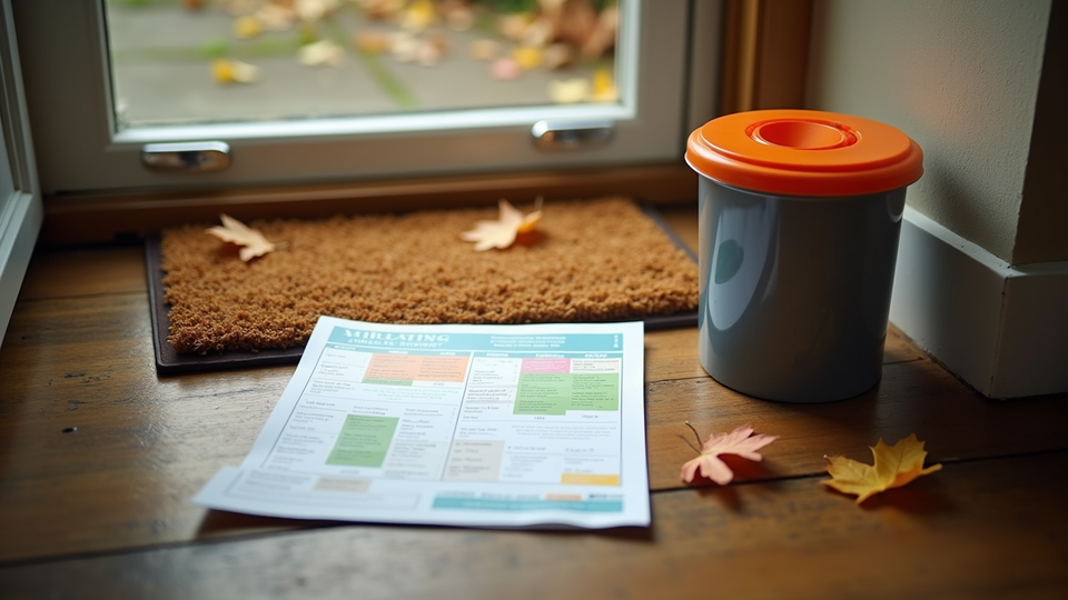 Council bin collection calendar leaflet and food waste caddy on a doormat