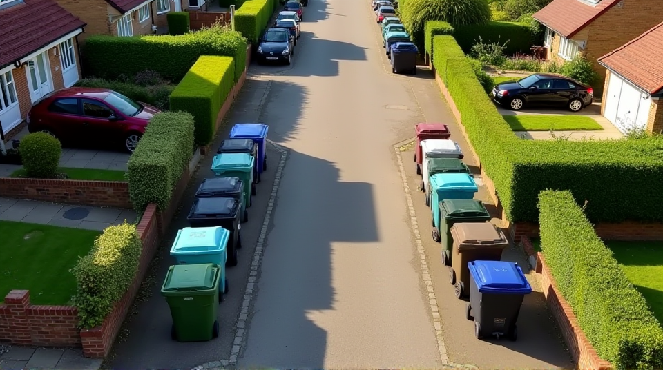 Aerial view of a UK street showing different coloured bins