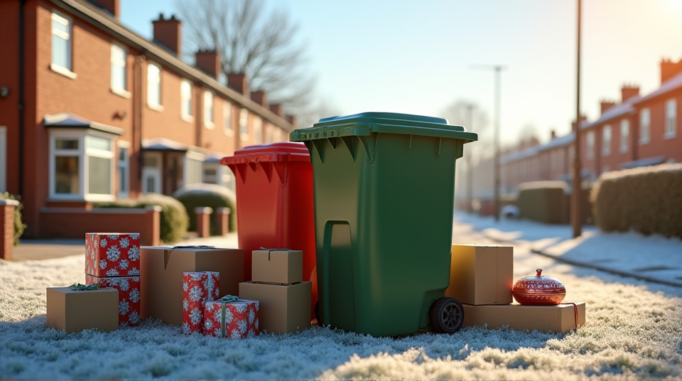Overflowing bins surrounded by Christmas wrapping and cardboard