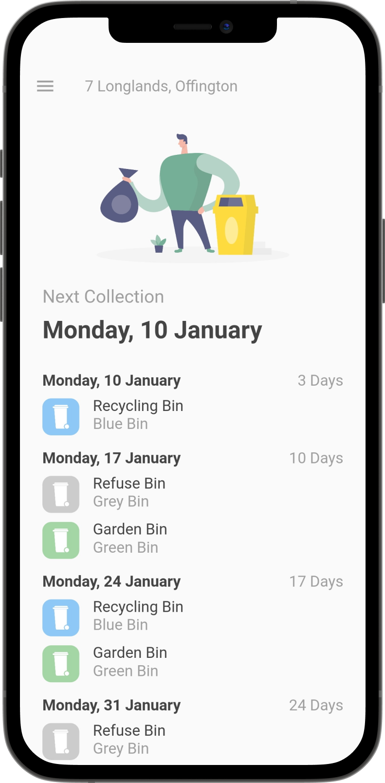 BinDays schedule view — 80+ councils