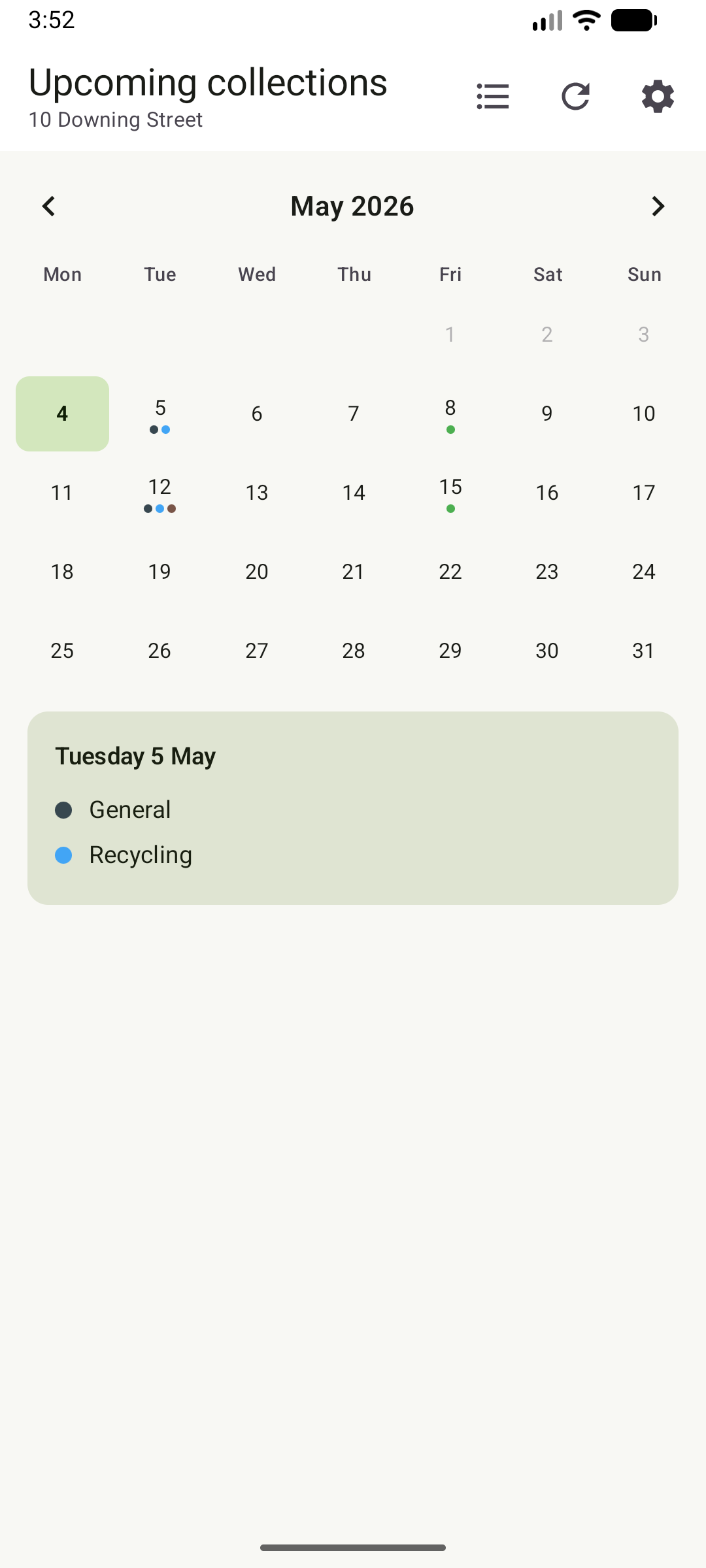 Binformation calendar view with colour-coded collection days